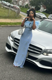 Ndyad Off-the-shoulder Sheath Blue Long Prom Dresses Chiffon Blue Formal Dresses HZ1024
