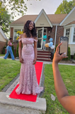 Ndyad Spaghetti Strap Mermaid Pink Long Prom Dresses Tulle Applique Pink Long Birthday Dresses HZ1024