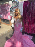 Ndyad Sweetheart Mermaid Pink Long Prom Dresses Sequins Pink Birthday Dresses HZ1024
