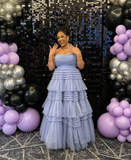 Ndyad Strapless A-Line Blue Long Prom Dresses Glitter Tulle Blue Eevning Dresses HZ1024