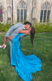Ndyad Spaghetti Strap Sheath Blue Long Prom Dresses with Slits HZ1024