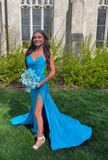 Ndyad Spaghetti Strap Sheath Blue Long Prom Dresses with Slits HZ1024