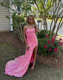 Ndyad Strapless Sheath Pink Long Prom Dresses with Slit Sequins Pink Formal Dresses HZ1024