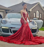 Ndyad Sweetheart Mermaid Burgundy Long Prom Dresses Tulle Sequin Burgundy Evening Dresses HZ1024