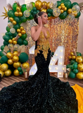 Ndyad Jewel Mermaid Dark Green Long Prom Dresses Velvet Sequin Dark Green Evening Dresses HZ1024
