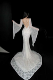Ndyad V-neck Mermaid Wedding Dresses Lace Beading White Bridal Gowns Long Sleeves Backless Bridal Dresses HZ1024