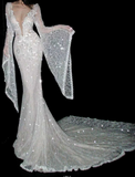 Ndyad V-neck Mermaid Wedding Dresses Lace Beading White Bridal Gowns Long Sleeves Backless Bridal Dresses HZ1024