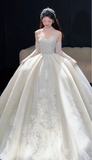 Ndyad Sweetheart Neck Ball Gown Long Wedding Dresses Tulle Applique White Bridal Gowns Long Sleeves Backless Bridal Dresses HZ1024