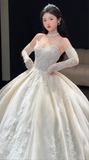 Ndyad Sweetheart Neck Ball Gown Long Wedding Dresses Tulle Applique White Bridal Gowns Long Sleeves Backless Bridal Dresses HZ1024
