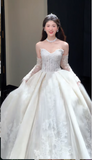 Ndyad Sweetheart Neck Ball Gown Long Wedding Dresses Tulle Applique White Bridal Gowns Long Sleeves Backless Bridal Dresses HZ1024