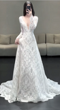 Ndyad V-neck Mermaid Wedding Dresses with Train Lace Applique White Bridal Gowns Long Sleeve Bridal Dresses HZ1024