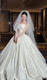 Ndyad Strapless Ball Gown Long Wedding Dresses Satin White Bridal Gowns Sleeveless Bridal Dresses HZ1024
