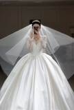 Ndyad V-neck Ball Gown Long Wedding Dresses Satin White Bridal Gowns Long Sleeve Bridal Dresses HZ1024