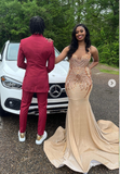 Ndyad Jewel Mermaid Long Prom Dresses Satin Beaded Champagne Evening Dresses HZ1024