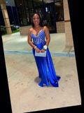 Ndyad Spaghetti Strap Sheath Long Prom Dresses Satin Beaded Royal Blue Evening Dresses HZ1024