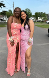 Ndyad Spaghetti Strap Sheath Long Prom Dresses Glitter Coral Pink Evening Dresses with Slit HZ1024