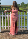 Ndyad Spaghetti Strap Sheath Long Prom Dresses Glitter Coral Pink Evening Dresses with Slit HZ1024