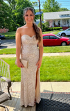 Ndyad Sweetheart Neck Sheath Long Prom Dresses Sequin Champagne Evening Dresses with Slit HZ1024