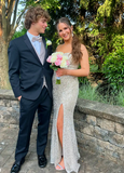 Ndyad Sweetheart Neck Sheath Long Prom Dresses Sequin Champagne Evening Dresses with Slit HZ1024