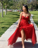 Ndyad Spaghetti Strap A-Line Long Prom Dress, Glitter Tulle Red Evening Dress with Slit HZ1024