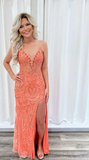 Ndyad V-neck Sheath Long Prom Dress Beading Coral Evening Dress with Slit HZ1024