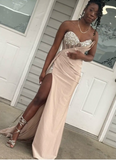 Ndyad Sweetheart Neck Sheath Long Prom Dress Satin Champagne Evening Dress with Slit HZ1024