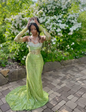 Ndyad Sweetheart Neck Sheath Long Prom Dresses Tulle Sequins Green Evening Dresses HZ1024