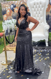Ndyad Spaghetti Strap Sheath Long Prom Dress Sequin Black Evening Dress HZ1024