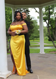 Ndyad Off-Shoulder Sheath Long Prom Dresses Satin Yellow Evening Dresses HZ1024