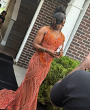 Ndyad Asymmetric Neck Sheath Long Prom Dress Beaded Tulle Orange Evening Dress HZ1024