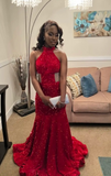 Ndyad Halter Mermaid Long Prom Dresses Velvet Sequin Burgundy Evening Dresses HZ1024