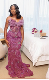 Ndyad Strapless Sheath Long Prom Dresses Beaded Tulle Grape Evening Dresses HZ1024