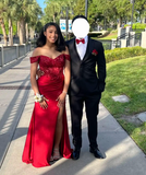 Ndyad Off-Shoulder Sheath Long Prom Dresses Applique Satin Red Evening Dress with Slit HZ1024