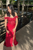 Ndyad Off-Shoulder Sheath Long Prom Dresses Applique Satin Red Evening Dress with Slit HZ1024