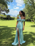 Ndyad Asymmetric Neck Sheath Long Prom Dresses Chiffon Tiffany Blue Evening Dresses HZ1024