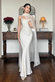 Ndyad Spaghetti Strap Sheath Long Prom Dresses Satin White Wedding Guest Dresses HZ1024