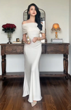 Ndyad Spaghetti Strap Sheath Long Prom Dresses Satin White Wedding Guest Dresses HZ1024