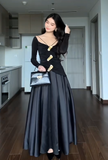 Ndyad V-neck Two-Piece Long Prom Dress Satin Black Guest Dress HZ1024