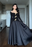 Ndyad V-neck Two-Piece Long Prom Dress Satin Black Guest Dress HZ1024
