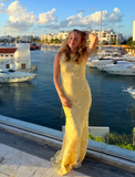 Ndyad Spaghetti Strap Sheath Long Prom Dresses Tulle Applique Yellow Wedding Guest Dresses HZ1024