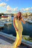 Ndyad Spaghetti Strap Sheath Long Prom Dresses Tulle Applique Yellow Wedding Guest Dresses HZ1024