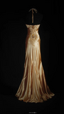 Ndyad Spaghetti Strap Sheath Long Prom Dresses Silk Bead Gold Formal Dresses HZ1024