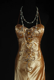 Ndyad Spaghetti Strap Sheath Long Prom Dresses Silk Bead Gold Formal Dresses HZ1024