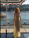 Ndyad Spaghetti Strap Sheath Long Prom Dresses Chiffon Yellow Birthday Dresses HZ1024