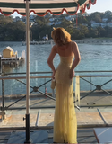 Ndyad Spaghetti Strap Sheath Long Prom Dresses Chiffon Yellow Birthday Dresses HZ1024