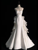 Ndyad Strapless Mermaid Long Wedding Dress Sleeveless White Bridal Gown Satin Bride Dress HZ1024