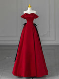 Evafashion Off Shoulder Satin Burgundy Long Prom Dress, Burgundy Long Formal Dress HZ1024