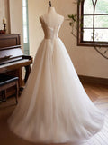 Evafashion Sweetheart Neck Tulle Champagne Long Prom Dress With Lace HZ1024