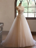 Evafashion Sweetheart Neck Tulle Champagne Long Prom Dress With Lace HZ1024