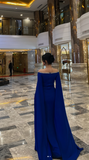 Ndyad Off-shoulder Sheath Long Prom Dresses Chiffon Royal Blue Wedding Guest Dresses HZ1024